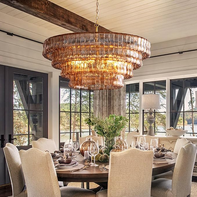 Large Chandelier, 36" Gold Chandelier for Dining Room, 6-Light Round Drum Kitchen Island Hanging Light Fixture Perfect for Living Room, Bedroom,Kitchen, Foyer