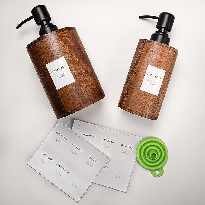 Walnut Wood Soap Dispenser, 14oz/400ml Round Cylinder Hand Soap Dispenser for Bathroom, Kitchen, with Pump Head, Funnel & Labels, Bathroom Countertop Soap Dispensers
