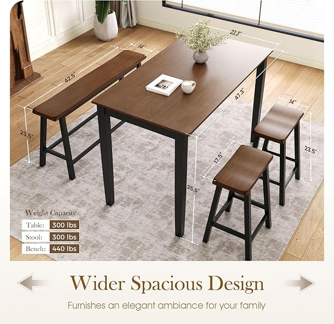 Sophia & William Dining Table Set for 4, Wooden Kitchen Table Set with Bench and 2 Chairs, Space-Saving Farmhouse Dining Sets, Walnut & Black