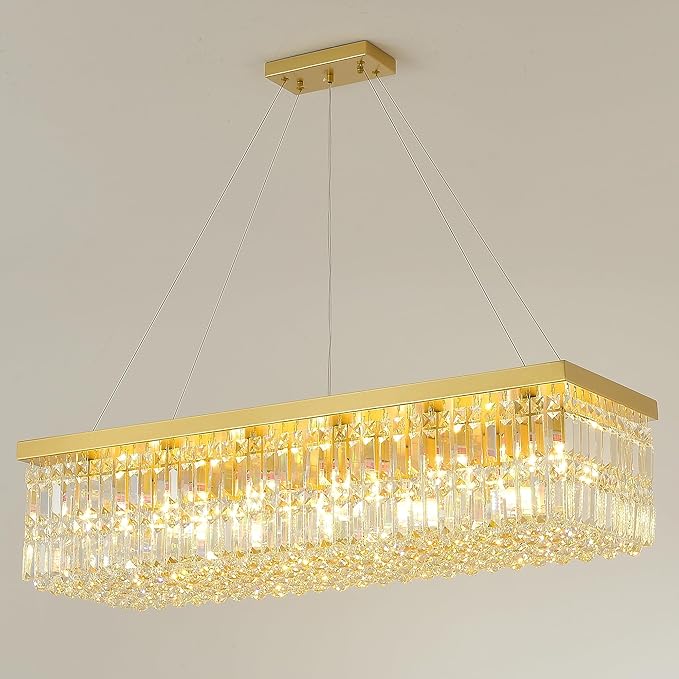 Gold Rectangular Crystal Chandelier 18-Light, Premium K9 Raindrop Chandelier with Adjustable Suspension Chain, Dimmable Hanging Light for Spacious Living Room, Grand Dining Room, 40" L x 10" W
