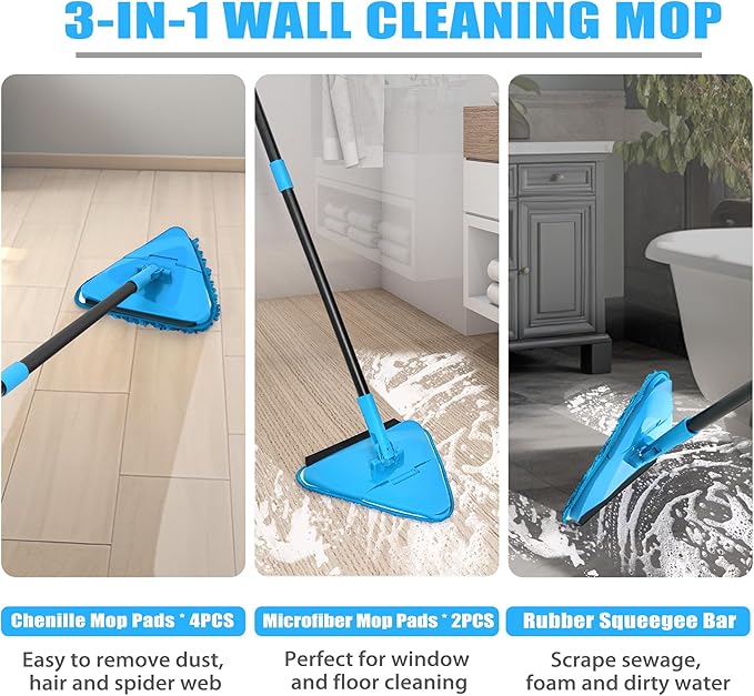 NEWE Wall Mop Cleaner with 80 inches Long Handle, 180° Folding Ceiling Cleaning Tool with Squeegee for Washing Painted Walls, Triangle Baseboard Scrubber with 4 Chenille Duster and 2 Microfiber Pads