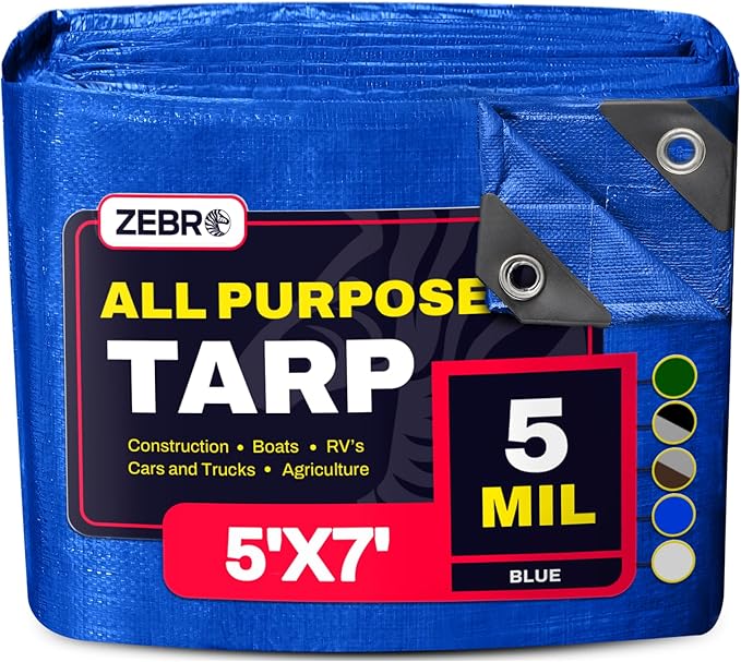 5' x 7' Blue Tarp with Grommets Reinforced - 5 Mil Thick - Durable UV Resistant Plastic Tarps Waterproof - Large Tarpaulin Cover for Outdoor Camping Over/Under Tent Tarp RV Roof Rain - Zebro