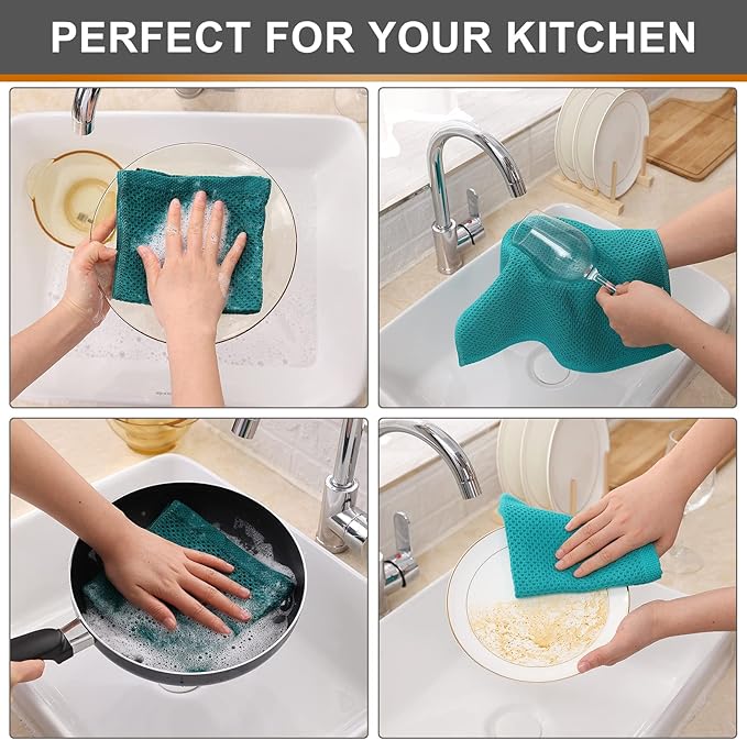 Kitinjoy 100% Cotton Kitchen Dish Cloths, 8 Pack Waffle Weave Ultra Soft Absorbent Dish Towels for Drying Dishes Quick Drying Kitchen Towels Dish Rags, 12 X 12 Inches, Teal