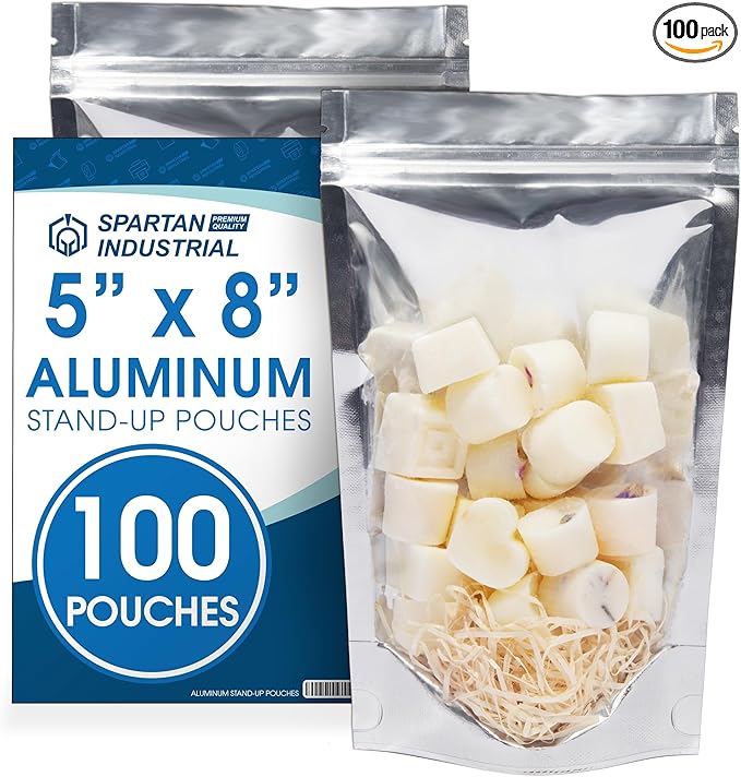 Spartan Industrial - 5" X 8" Aluminum Resealable Stand-Up Pouch Bags - Pack of 100 Smell-Proof Heat Seal Bags for Cookies, Candy Packaging, Bath Salts, and More