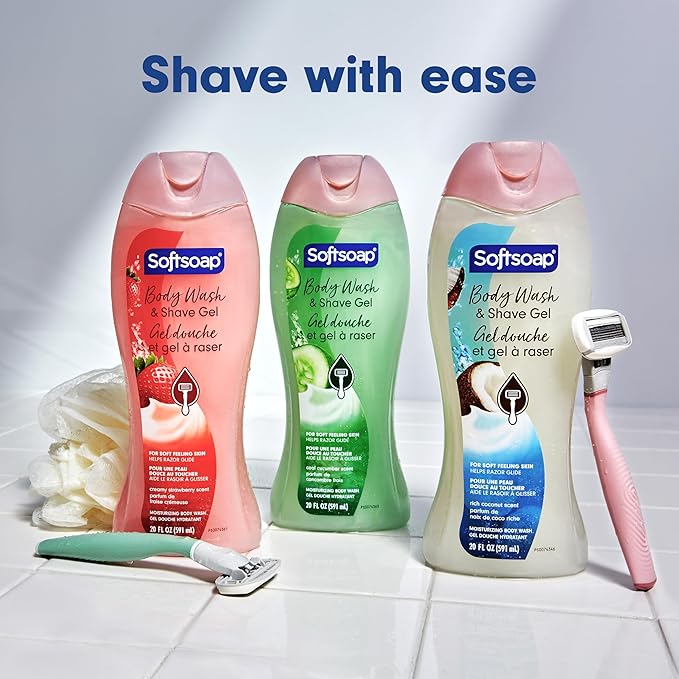 Softsoap Body Wash & Gel Cucumber, 20oz, pack of 1 + BIC Soleil Comfort 4-Blade Disposable Razors for Women Sensitive Skin Razor for a Smooth and Close Shave, 3 Piece Razor Set