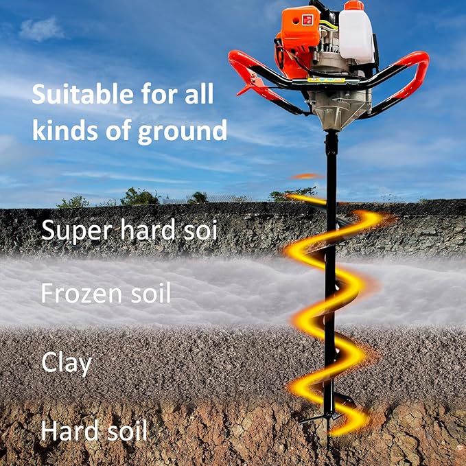 Post Hole Digger, 62CC 2 Stroke Auger Post Hole Digger, Gas Powered Earth Digger 3 Auger Drill Bits(3"& 6"& 8'') and 3 Extension Rods for Farm Garden Plant