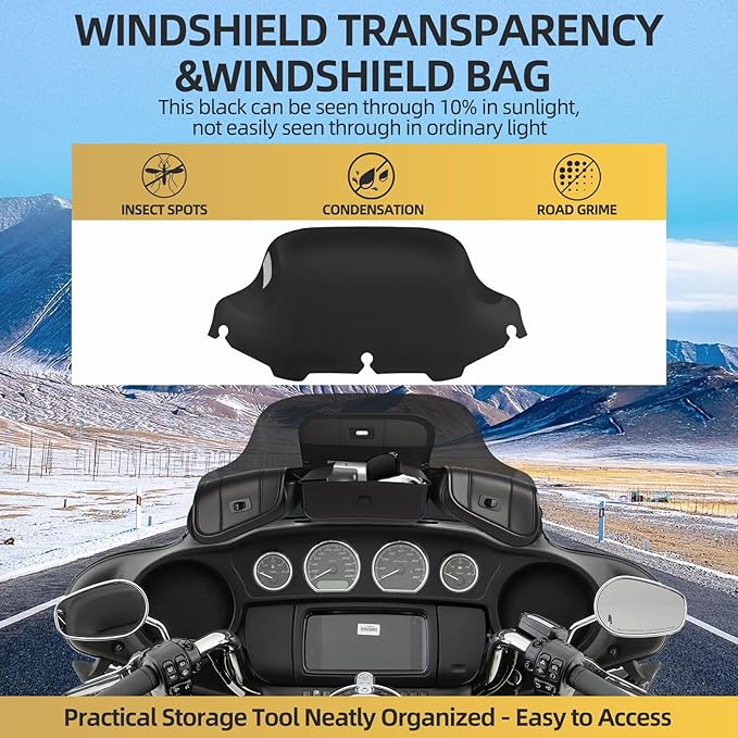Motorcycle 8" Windshield and Bag Pack, Motorcycle Windscreen with 3 Pouch Bag Fit for 1996-2013 Harley Davidson Touring Street Glide Electra Glide FLH FLHT FLHX FLHTK, Black