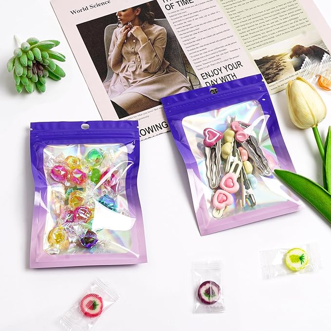 Funfery 300 Pack Smell Proof Resealable Bags for Food Storage,Holographic Bags 4x6 Purple Pink Mylar Clear Packaging Bag- Scent Proof for Cookies, Zip Foil Pouch for Small Business