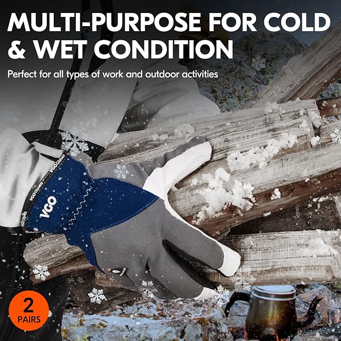 Vgo... 2Pairs 0℃/32°F Winter Leather Work Gloves, Cold Weather Waterproof Safety Work Gloves,Cold Storage or Freezer Use,w/3M Thinsulate Lining(Size M, Gray, GA7711FW)