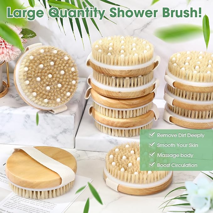 Gejoy 5 Pcs Dry Brushing Body Brush Exfoliating Brush with Massage Nodule Dry Skin Body Scrubber for Shower Bath Back Circulation Improvement Dead Skin Exfoliator (4.3 x 4.3 Inches,Wood Color)