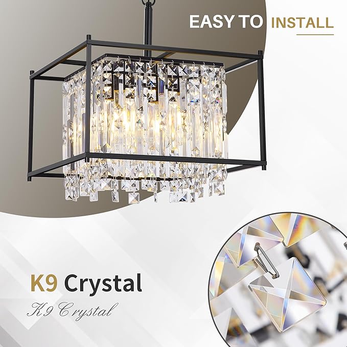 Black Chandeliers for Dining Room, Black Square Industrial Chandelier Crystal Pendant Light for Kitchen Island Dining Room Living Room Flat and Inclined Ceiling,L16 x W16 x H17.5