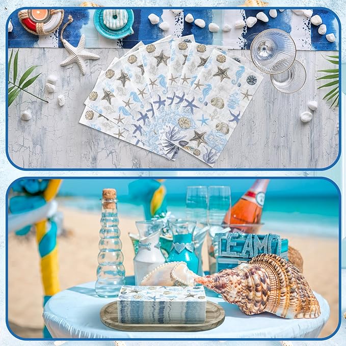 Jetec 200 Pieces Sea Paper Napkins Summer Paper Guest Towels for Bathroom Decorative Sea Blue Starfish Disposable Guests Paper Napkins Nautical Coastal Hand Towels for Bathroom Wedding Dinner Party