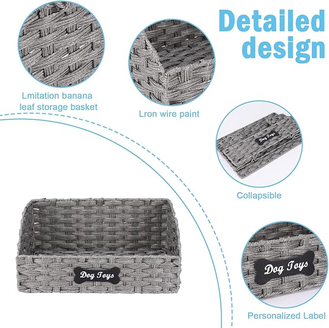 Geyecete dog toy basket Foldable Pet Toy Storage Box, Gray Seagrass & Iron Wire Design for Organized Living pet toy bin basket Wicker dog toy box