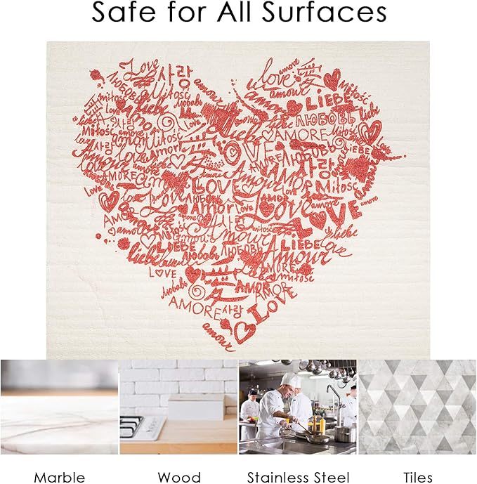 Swedish Dishcloths 2 Pack Red Langusges of Love Heart Print Reusable Sponges Kitchen Cleaning Cloth Dish Scrubber, Machine Washable, Measures 7.87”x6.88 inches.