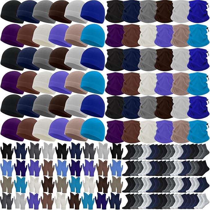 Liitrsh 148 Pcs Bulk Winter Fleece Hats Gloves Scarf Sock Sets for Men Women, Beanies for Homeless Donation Charity Bundle