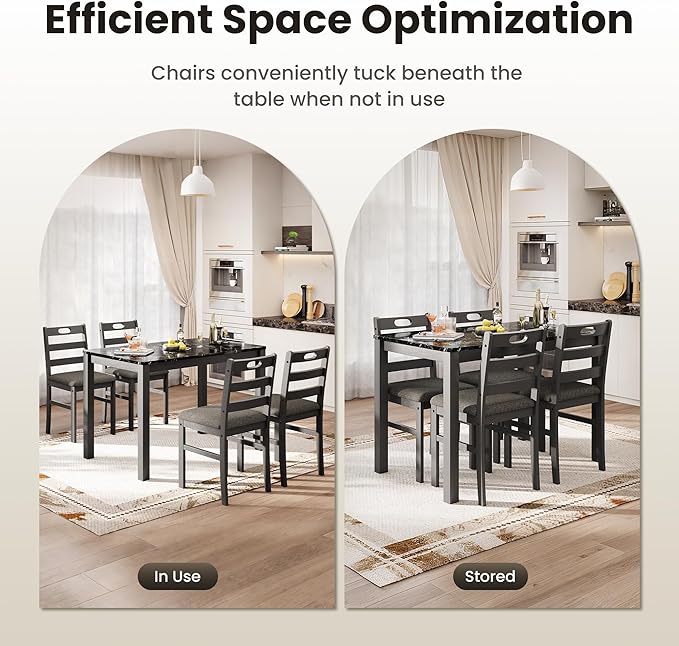 PHI VILLA Dining Table Set for 4, Modern Farmhouse Kitchen Table Set, Faux Marble Dining Table and 4 Cushioned Chairs, Solid Rubber Wood Dining Room Table Set, Veined Black Marble& Gray