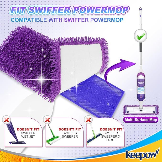 KEEPOW 6 Pack Reusable Mop Pads Compatible with Swiffer PowerMop, Wood Floor Pads Microfiber Mop Replacement Refills Machine Washable for All Floor Surfaces