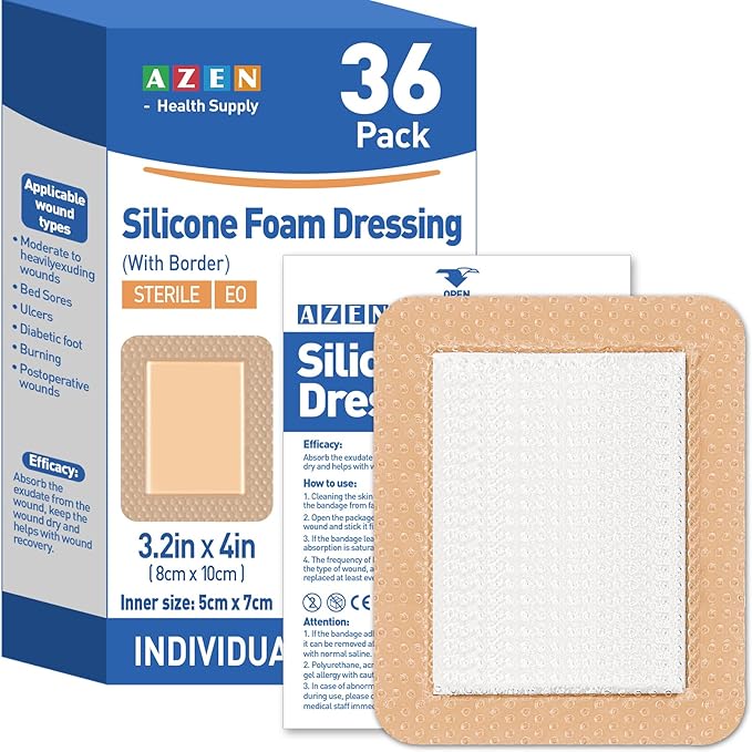 AZEN 36 Pack Silicone Foam Dressing, 3.2" X 4" Waterproof Silicone Bandages with Border Adhesive, Large Bandages for Wounds, Self Adhesive Wound Care and Dressings