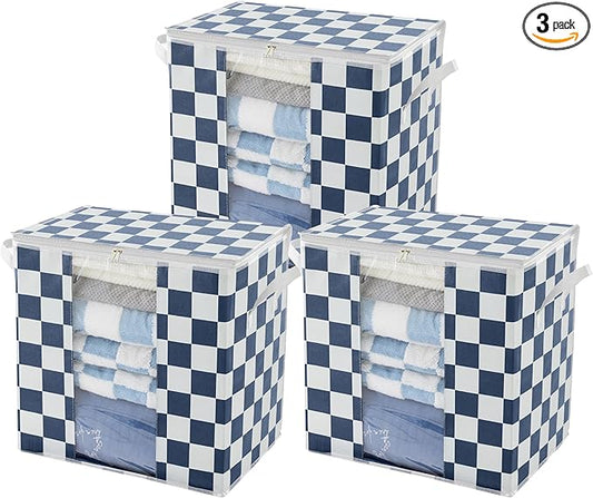 Navy Blue Checkered Clothes Storage Bins, 100L Large Blanket Storage Bags 3 Pack, Closet Organizers and Storage Containers for Comforters, Bedding, Foldable Organizer with Handle