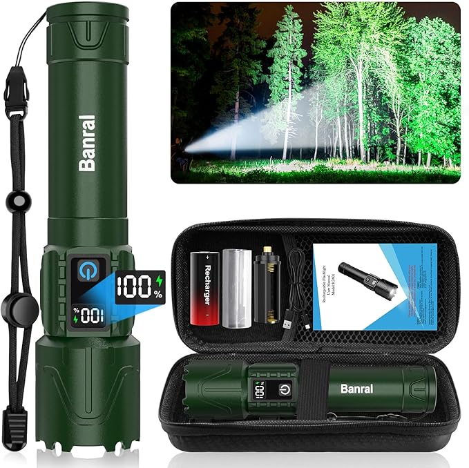 Banral Rechargeable Tactical Flashlights High Lumens - 5000mAh Super Bright LED Powerful Flash Light, Waterproof Handheld USB C Flashlight for Home,Car,Camping,Emergencies,5 Modes,Zoomable (1, Green)