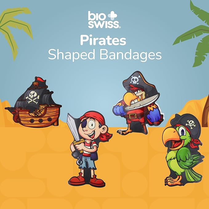 BioSwiss Kids Bandages, Pirate Shaped Self Adhesive Bandage Set, Latex Free, Sterile Wound Care, 24 Count