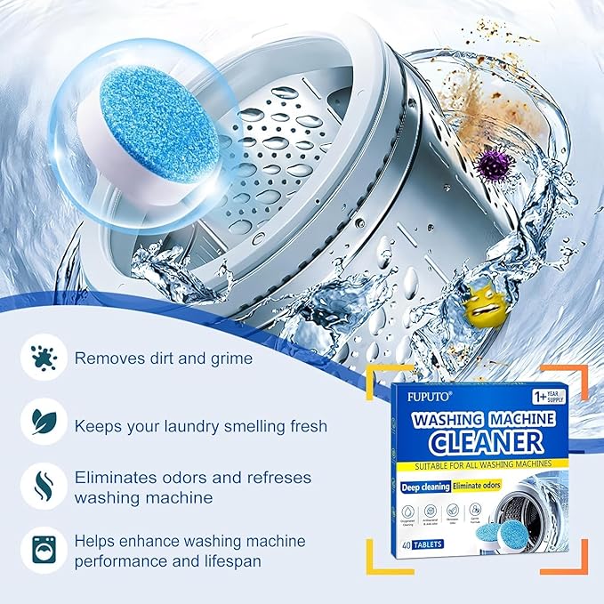 Washing Machine Cleaner Tablets 40Pcs Deep Cleaning Tablets, Compatible with HE, Top & Front Load, Deep-Clean Action – Removes residue & neutralizes odors