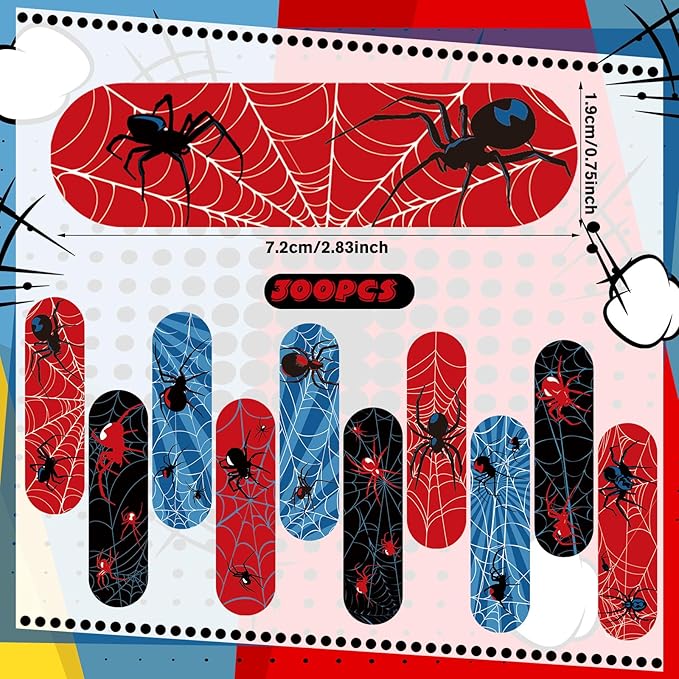 Patelai 300 Pieces Kids Bandages Bulk 10 Styles Children's Adhesive Flexible Colorful Cute Cartoon Bandages Waterproof Breathable Stickers Protection Care Cuts for Girls Boys(Spider)