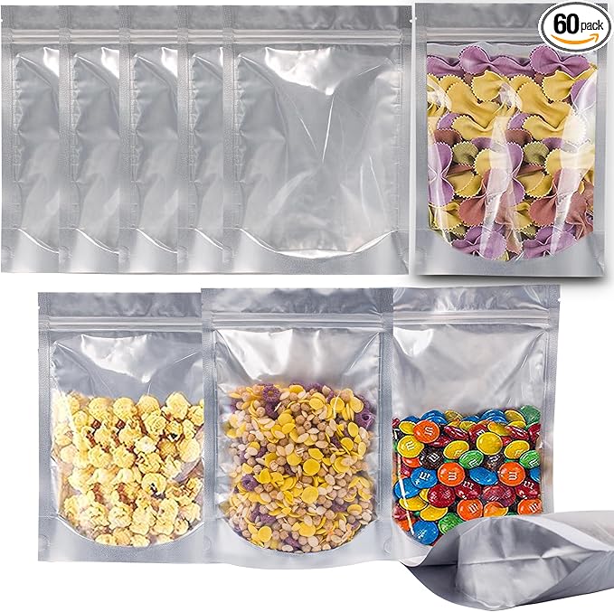 4 x 6 inches 60 Packs Mylar Bags For Food Storage, Mylar Bags With Window, Freeze Dried Candy Bags, Reusable Storage Bags For Food, Mylar Food Storage Bags for Long Term Food Storage
