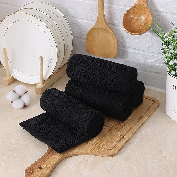 Kitinjoy 100% Cotton Waffle Weave Kitchen Towels, 6-Pack Super Soft and Absorbent Dish Towels for Drying Dishes, Kitchen Hand Towels, 13 in x 28 in, Black