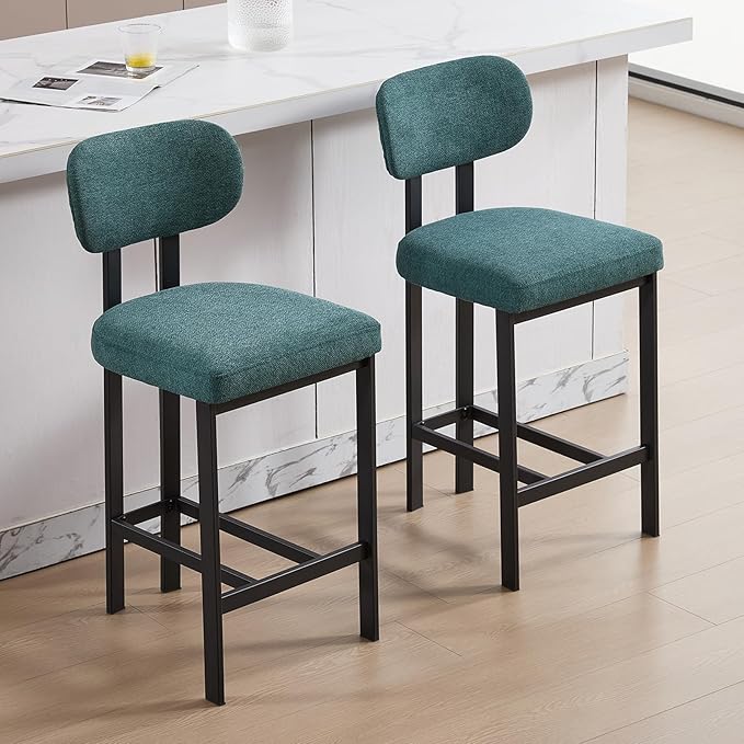 Modern Counter Stools Set of 2, 26" Upholstered Barstools with Back, Sturdy Black Metal Legs Dining Stools with Footrest for Home Pub Kitchen, Green