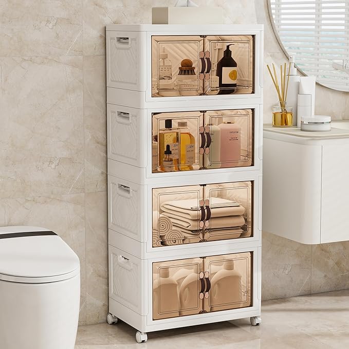 Storage Bins with Lids and Wheels, Collapsible Bathroom Storage Cabinet with Clear Doors, Plastic Stackable Closet Organizers and Storage Containers White 597 QT