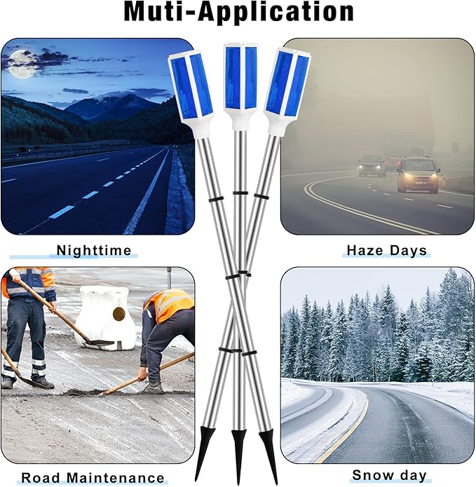 Macarrie 6 Pcs Solar Powered Driveway Markers Reflector Lights Landscape Driveway Reflectors on Poles for Snow Road Outdoor Yard(37 Inch,Blue)