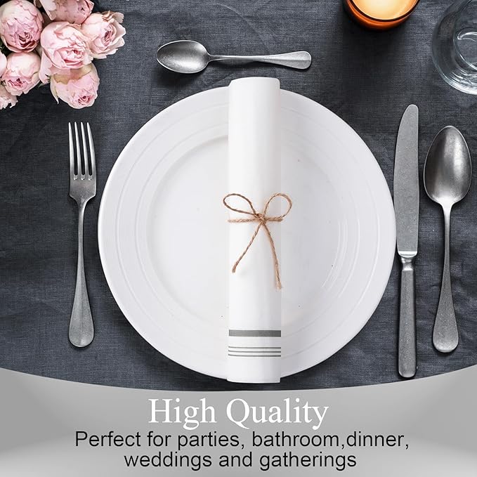 100 Disposable Paper Hand Towels for Bathroom, Linen Feel Guest Towels, Soft and Absorbent Paper Towels Napkins Bulk for Home Dinner Kitchen Wedding, 12" x 17"(Silver Trim Lined)