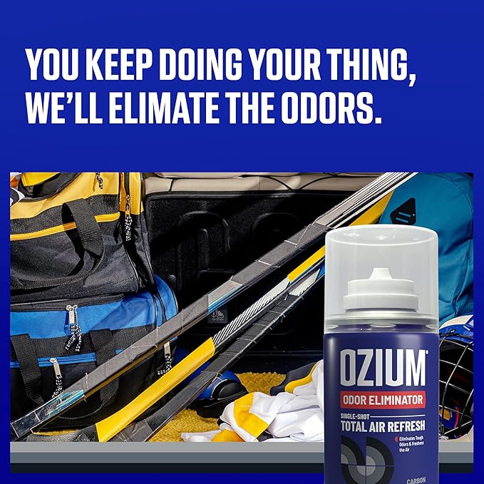 Ozium Air Sanitizer, 2 oz Car Fogger: Single-Shot Smoke Odor Eliminator & Car Air Freshener (New Car Smell, 4 Packs)