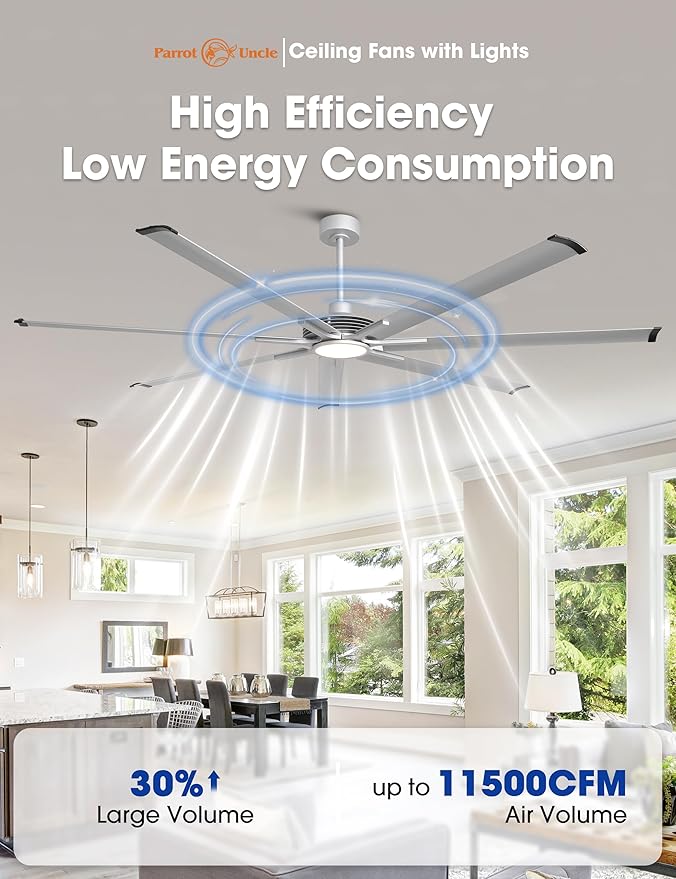 100 Inch Ceiling Fans with Lights, Industrial Ceiling Fan and Remote for Living Room Shop Garage, Large Outdoor Ceiling Fans for Patios, 7 Aluminum Blades, Reversible DC Motor, Dimmable, Timer