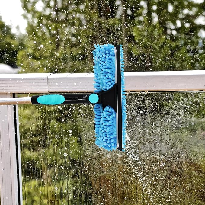 23FT High Reach Window Squeegee & Cobweb Duster with Extension Pole, 2 in 1 Squeegee for Window Cleaning with Lightweight 4-16.5 ft Telescoping Pole, Spider Web Brush with Pole for Outdoor Indoor Car