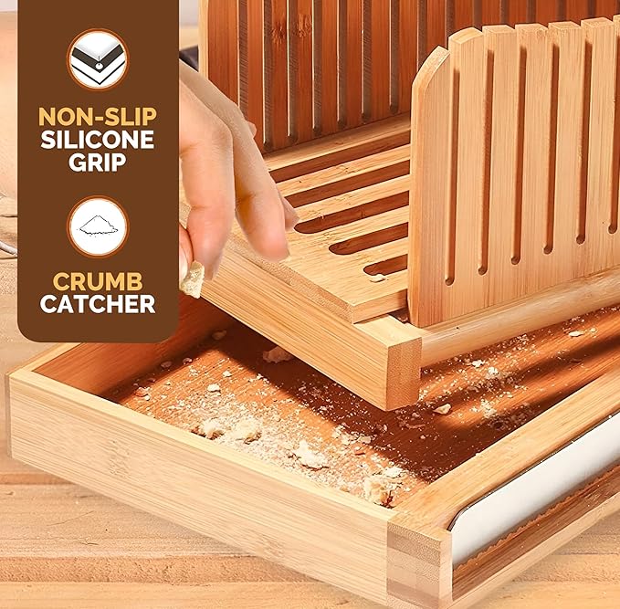 Bread Slicer for Homemade Bread - Adjustable Bamboo Bread Cutter with Knife, Foldable Slicing Guide & Crumb Tray - Bread Loaf Slicer for Sourdough, Cakes, Bagels, Loaves - Kitchen Baking Tool & Gift