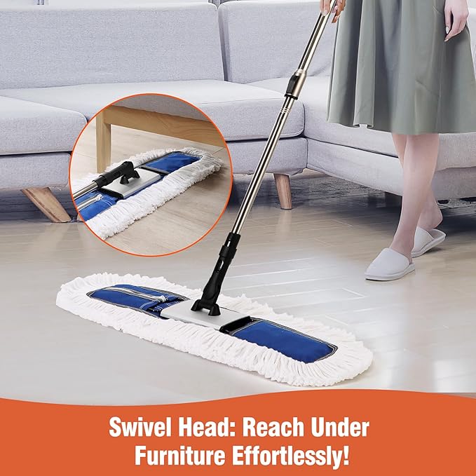 24" Heavy-Duty Commercial Dust Mop for Hardwood Floors & Large Areas - with 2 Microfiber Pads, Reinforced Telescoping Handle for Stable Cleaning in Homes, Garages & Commercial Spaces