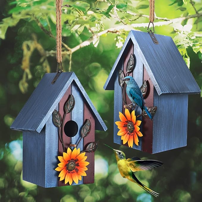 Birdhouse,Nesting Boxes for Birds, Rustic Wooden Flower Nesting Box for Birds for Outdoors, Hanging Bridal House for Garden Decoration, Blue