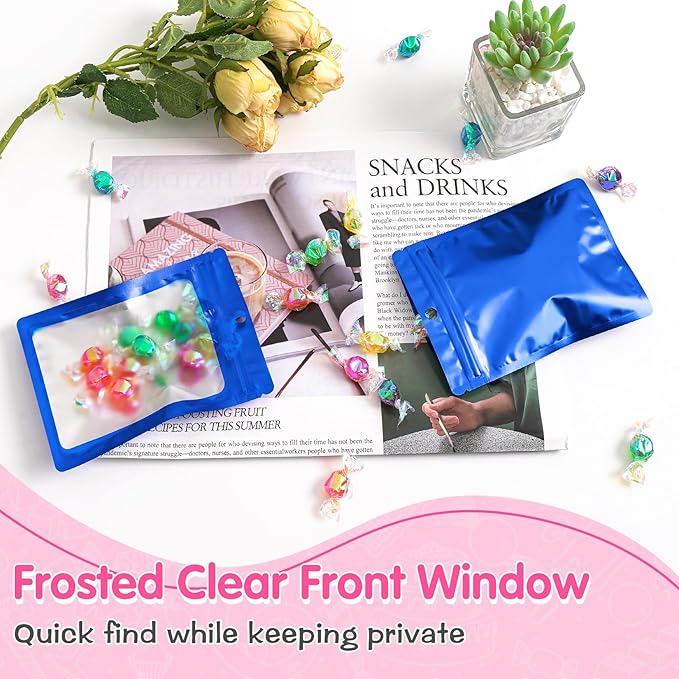 FUNFERY 100 Pack Mylar Resealable Bags Foil Packaging Bags with Clear Window,Zipper Pouch Smell Proof Bag for Food Storage,Cookies,Sample,Small Business(Blue,3x4.7inch)