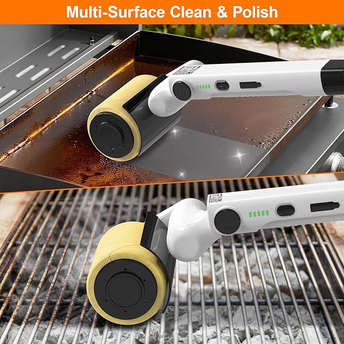 HHXRISE Electric Grill Brush for Outdoor Grill: Rechargeable BBQ Grill Cleaner with 2 Heads (Steel Wire & Flame Resistant Sponge) - 2-Speed - 90°Adjustment - Effortless Grill Grates Cleaning