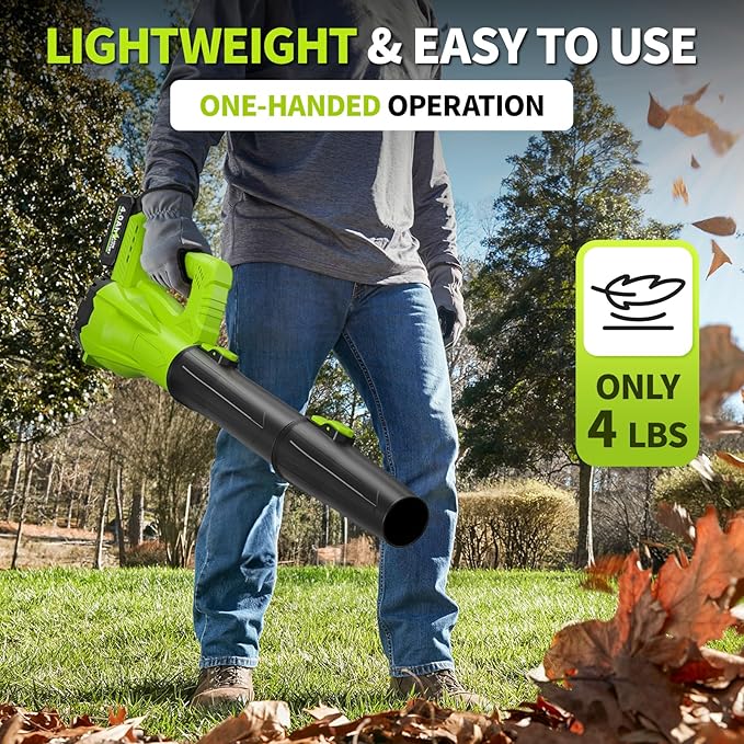 Leaf Blower Cordless, 21V Electric Leaf Blower with 2 x 4.0Ah Battery and Charger, 650 CFM & 280 MPH Powerful Leaf Blowers, Lightweight Small Leaf Blowers for Garden, Patio, Lawn Care (Green)