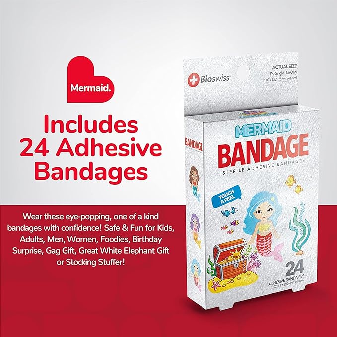 BioSwiss Kids Bandages, Mermaid Shaped Self Adhesive Bandage Set, Latex Free, Sterile Wound Care, 24 Count