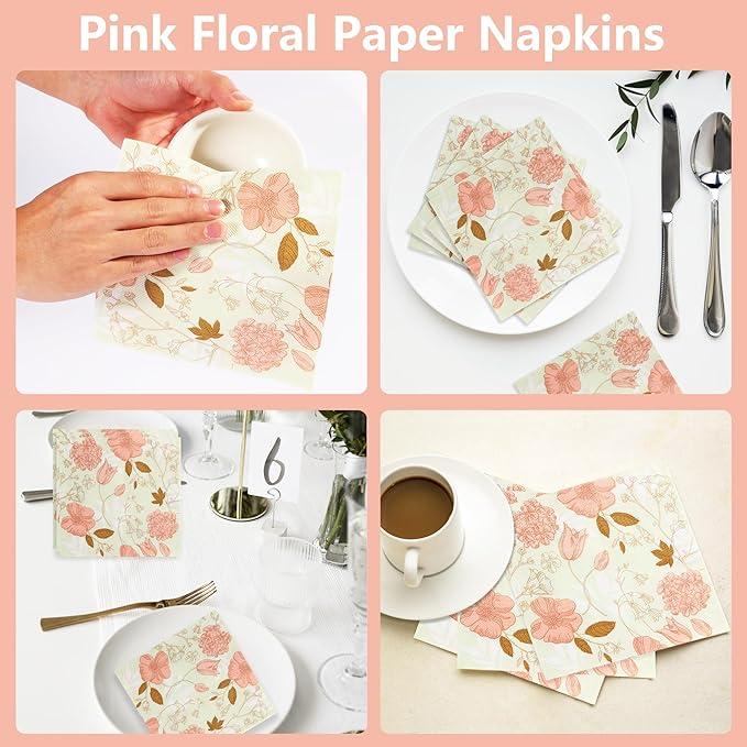 LASLU 100 Floral Guest Napkins Pink and Green Toile Disposable Paper Napkins Decorative Flower Bathroom Hand Towels for Bridal Baby Shower Tea Party Birthday Party Supplies