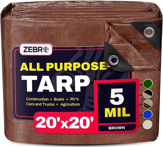 20' x 20' Brown Tarp with Grommets Reinforced - 5 Mil Thick - Durable UV Resistant Plastic Tarps Waterproof - Large Tarpaulin Cover for Outdoor Camping Over/Under Tent Tarp RV Roof Rain - Zebro