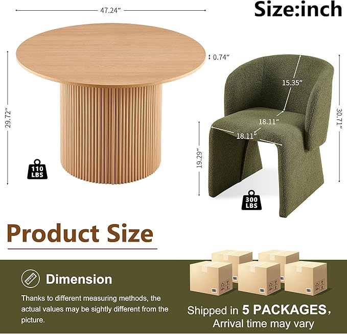 5-Piece Dining Table Set for 4, Modern Round MDF Kitchen Table with Oak Finish, Two-Part Tabletop, Stylish Breakfast Table and 4 Cozy Dining Side Chairs Upholstered Set