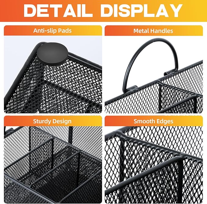 Paper Plate Organizer for Countertop, Paper Plate Dispenser with Drawer and 6 Compartments, Utensil silverware Caddy Holder, Black Cutlery Flatware Organizer with Non-slip mat