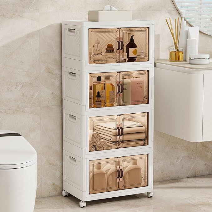 Storage Bins with Lids and Wheels, Collapsible Bathroom Storage Cabinet with Clear Doors, Plastic Stackable Closet Organizers and Storage Containers White 270 QT