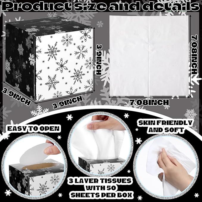Bencailor 12 Pack Snowflake Facial Tissues Cube Boxes Winter Christmas Tree Square 600 Sheets 3 Ply Small Tissues Cube Boxes for Home Car Accessories(Black and White,Snowflake)