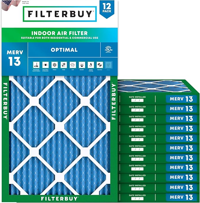 Filterbuy 18x30x1 Air Filter MERV 13 Optimal Smoke & Allergy Defense (12-Pack), Electrostatic Pleated HVAC AC Furnace Filters Replacement, Made in USA (Actual Size: 17.75 x 29.75 x 0.75)